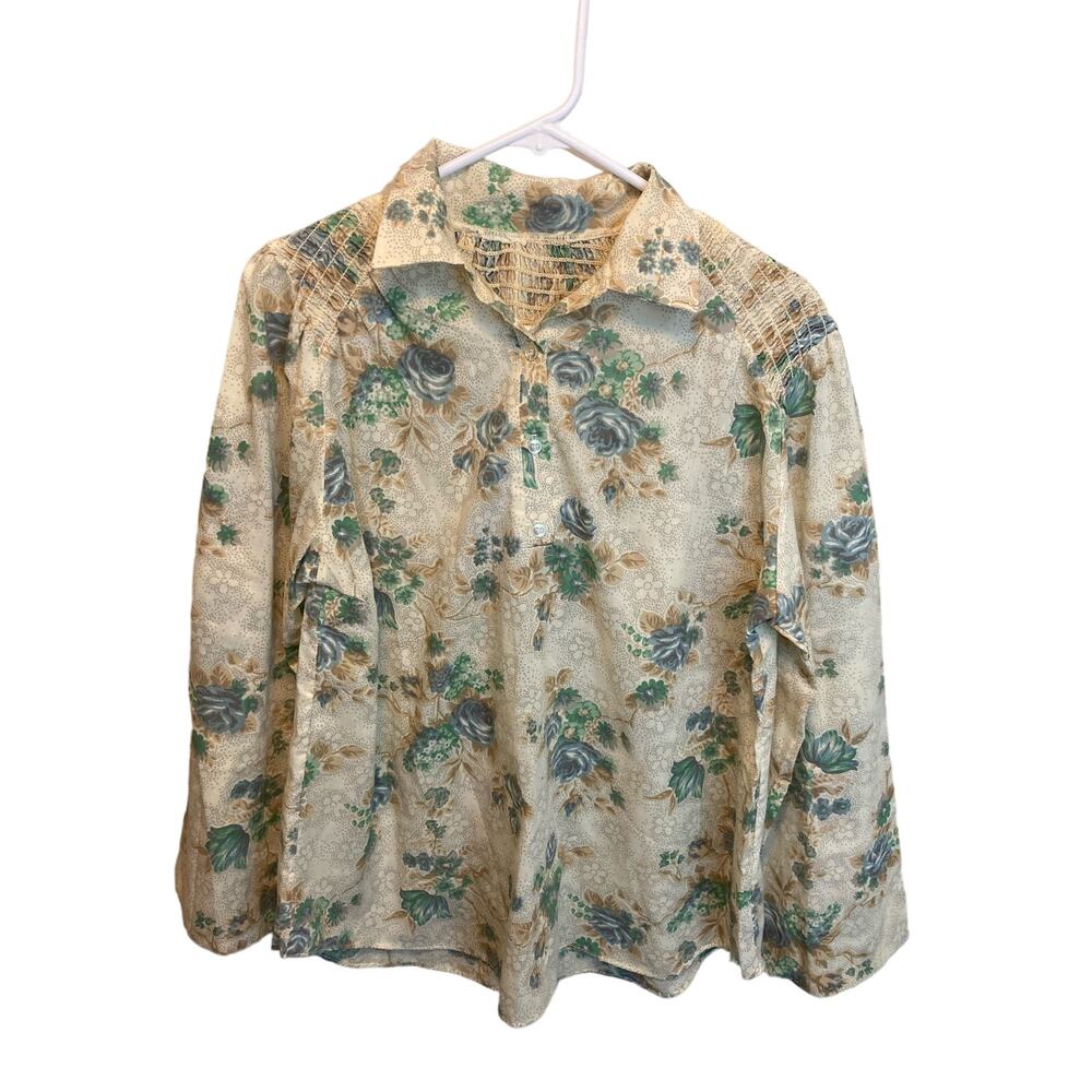 70's Vintage Long Sleeve Handmade Boho Floral Quarter Button Lightweight Top L